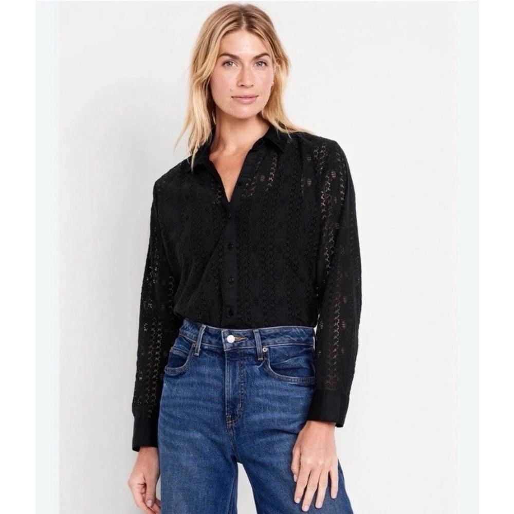 Old Navy Women’s Top XL Lace Button Down Black Boho Beachy Peasant Whimsygoth
